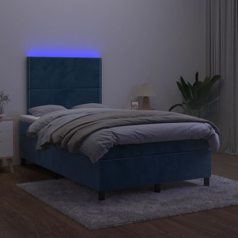 Łóżko kontynentalne z materacem i LED, granatowe, 120x190 cm