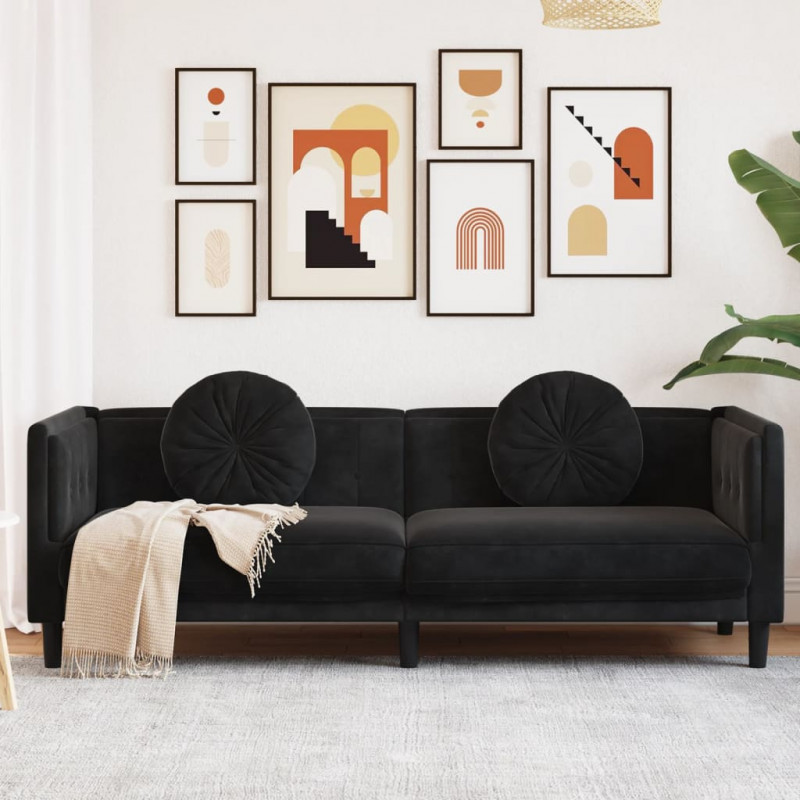 Sofa 3-osobowa z poduszkami, czarna, aksamit