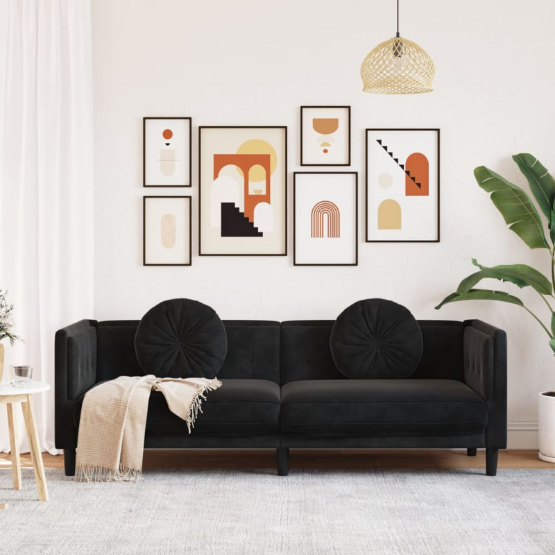 Sofa 3-osobowa z poduszkami, czarna, aksamit