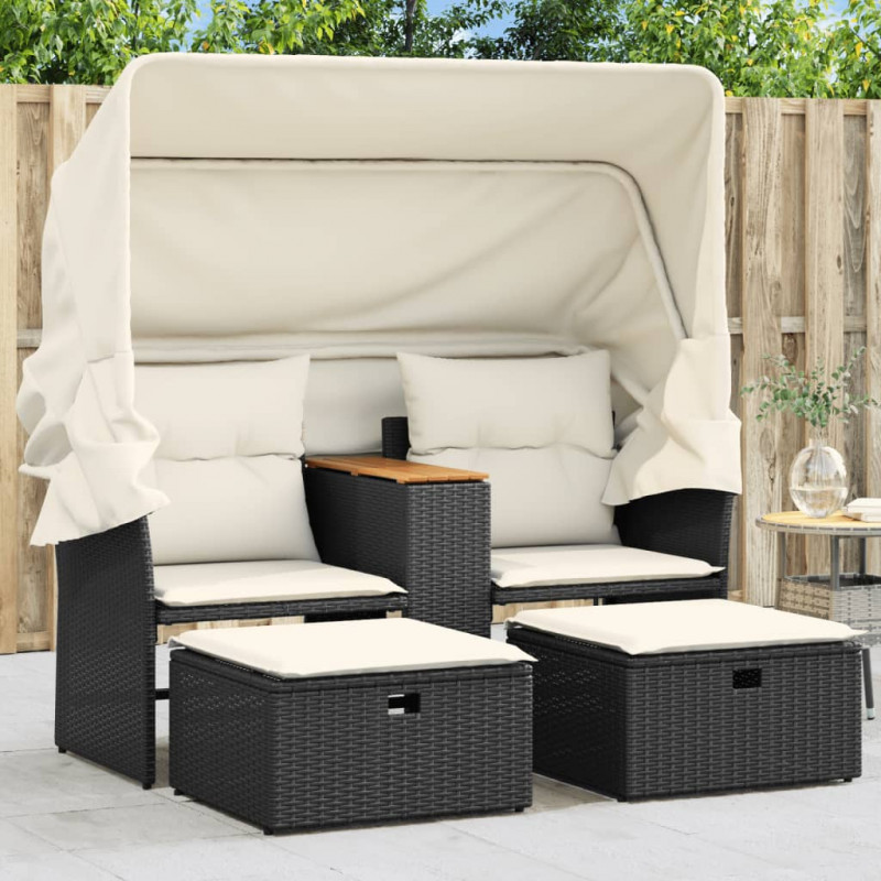 2-os. sofa ogrodowa z daszkiem i podnóżkami, czarna, rattan PE