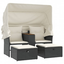 2-os. sofa ogrodowa z daszkiem i podnóżkami, czarna, rattan PE