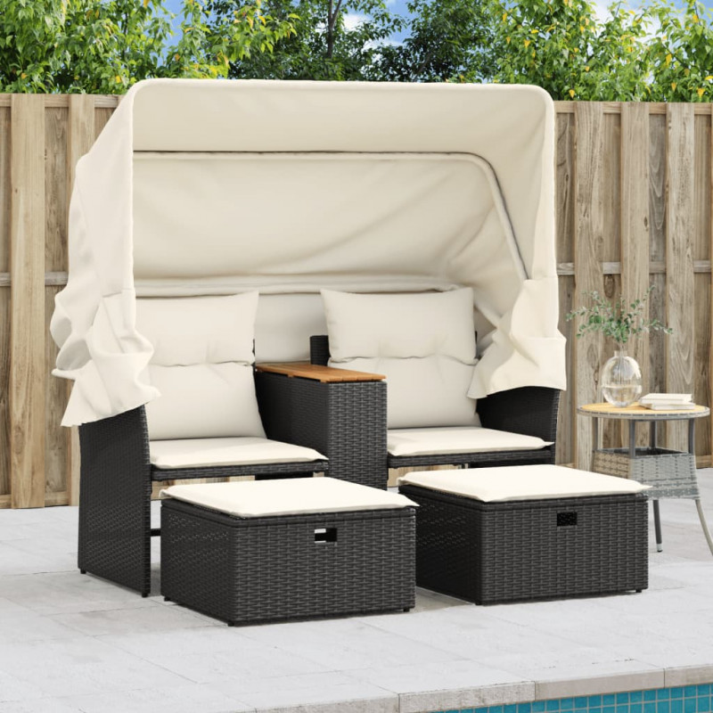2-os. sofa ogrodowa z daszkiem i podnóżkami, czarna, rattan PE