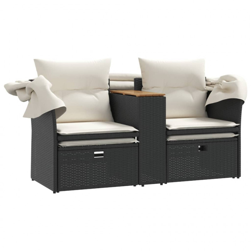 2-os. sofa ogrodowa z daszkiem i podnóżkami, czarna, rattan PE