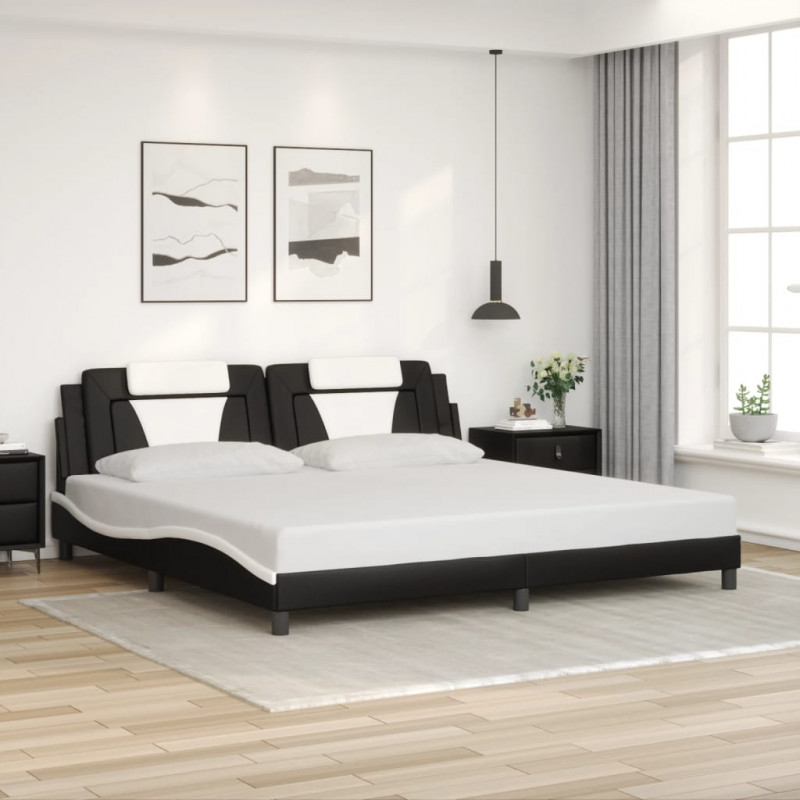 Rama łóżka z LED, czarno-biała, 200x200 cm, sztuczna skóra
