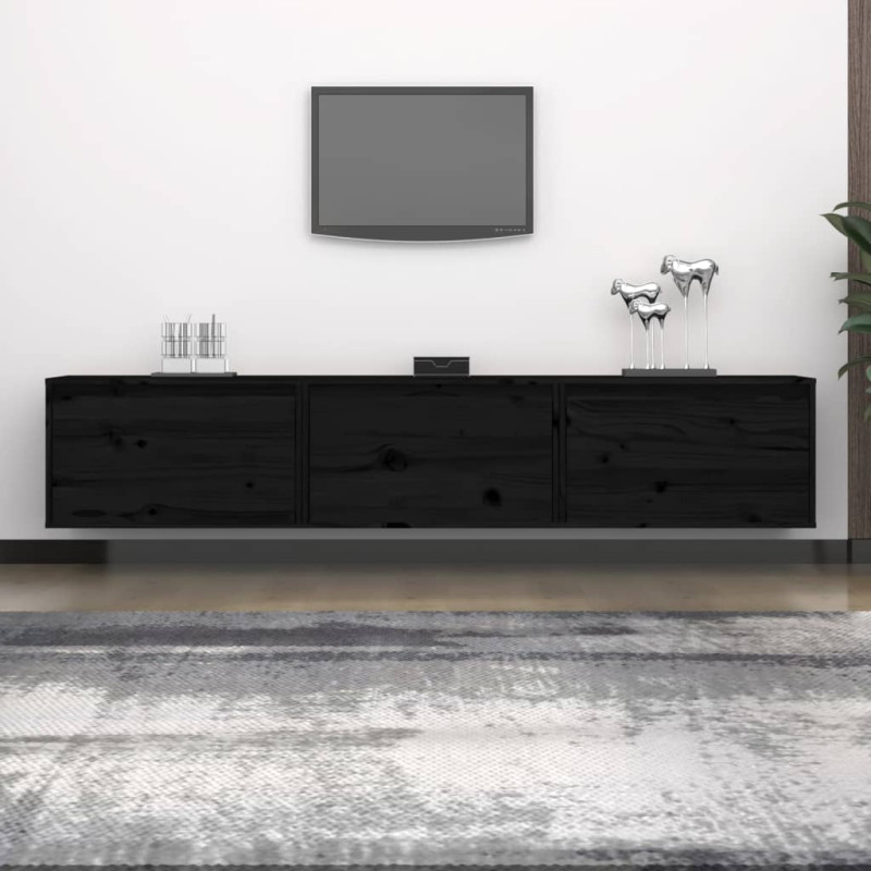 Szafki pod TV, 3 szt., czarne, lite drewno sosnowe
