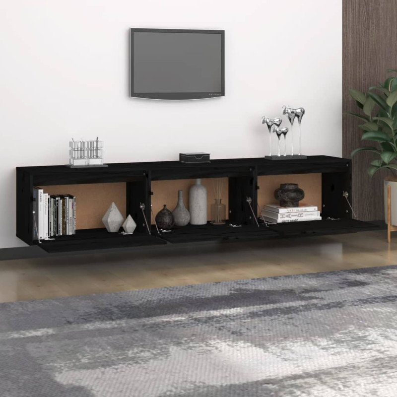 Szafki pod TV, 3 szt., czarne, lite drewno sosnowe