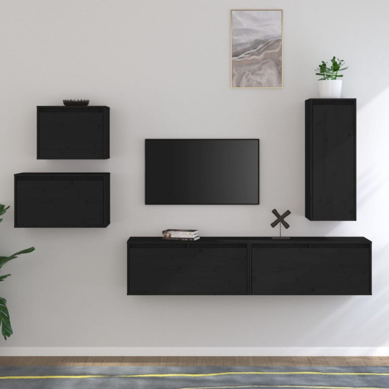 Szafki pod TV, 5 szt., czarne, lite drewno sosnowe