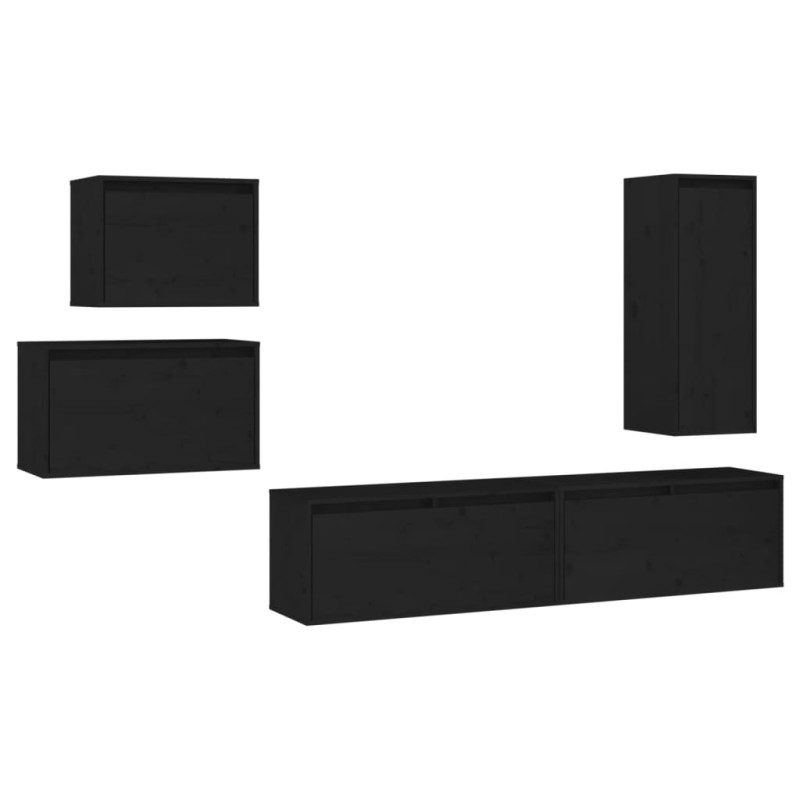 Szafki pod TV, 5 szt., czarne, lite drewno sosnowe