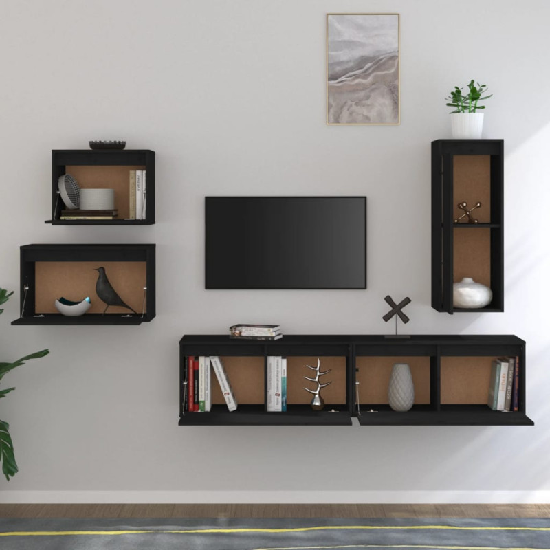 Szafki pod TV, 5 szt., czarne, lite drewno sosnowe