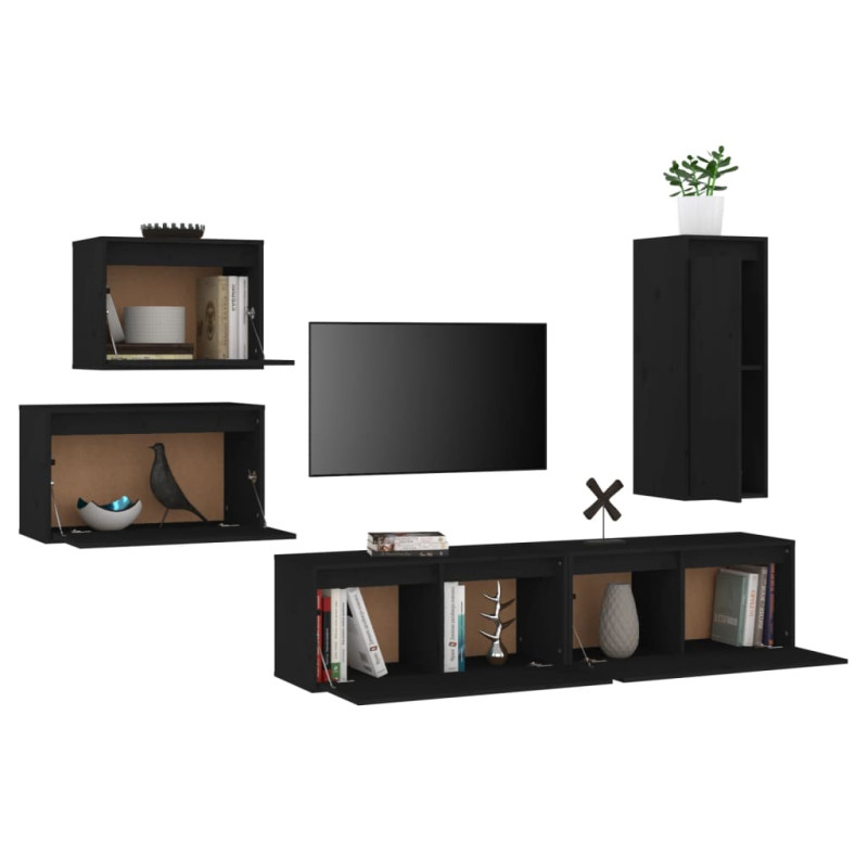 Szafki pod TV, 5 szt., czarne, lite drewno sosnowe