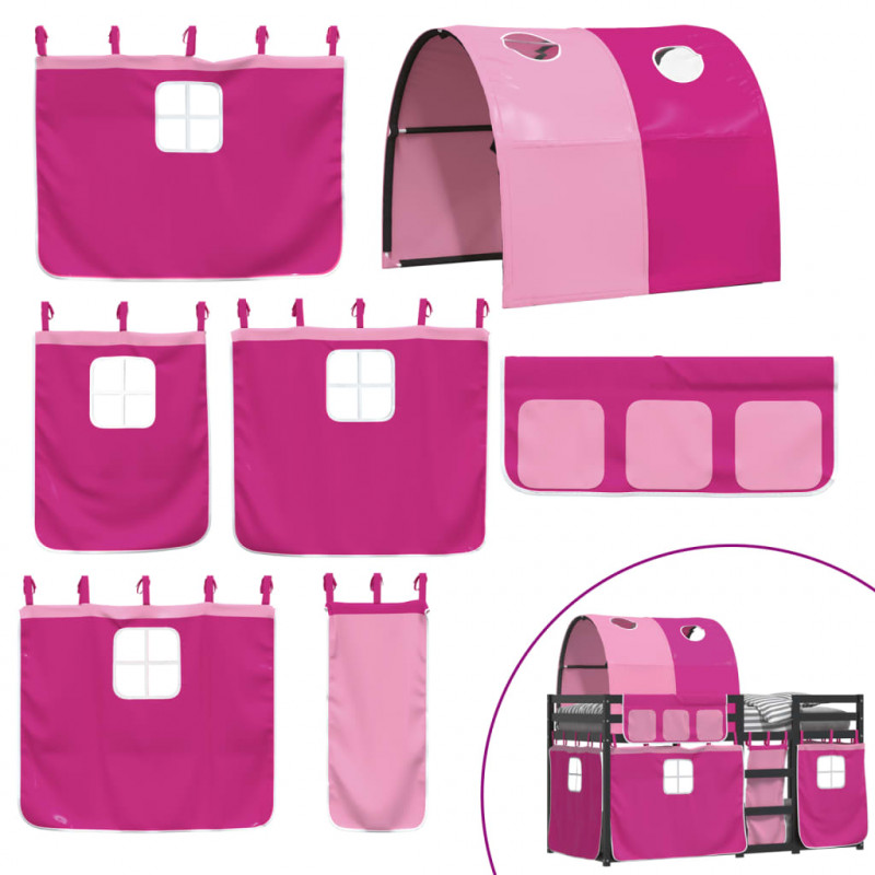 Łóżko piętrowe z zasłonkami, różowe, 90x200 cm, drewno sosnowe