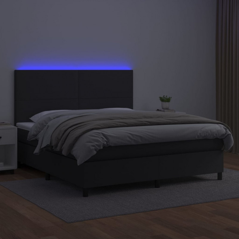 Łóżko kontynentalne z materacem i LED czarna ekoskóra 160x200cm