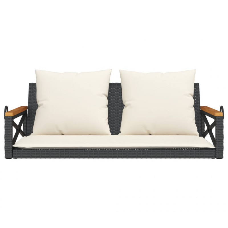 Ławka bujana z poduszkami, czarna, 109x62x40 cm, polirattan