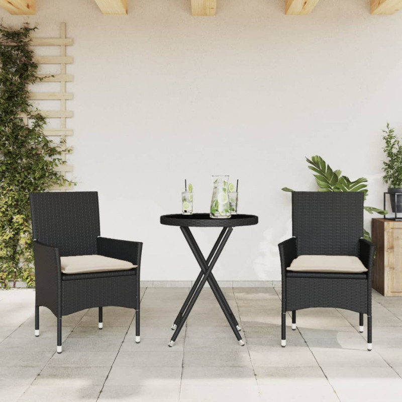 3-cz. zestaw bistro z poduszkami, czarny, polirattan i szkło