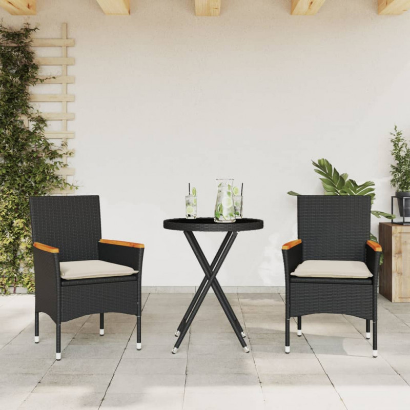3-cz. zestaw bistro z poduszkami, czarny, polirattan i szkło