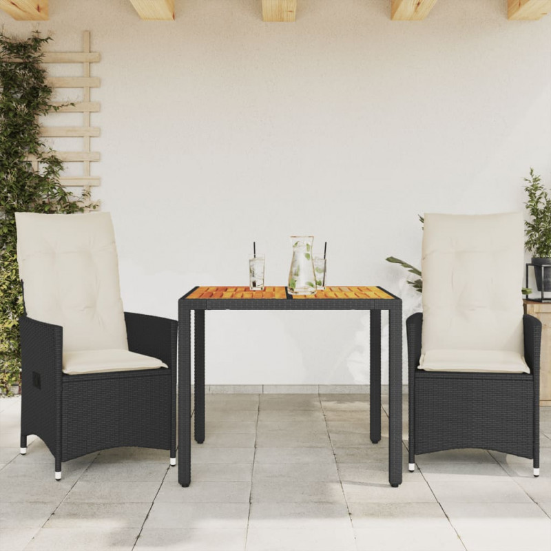 3-cz. zestaw mebli bistro, poduszki, czarny rattan PE i akacja