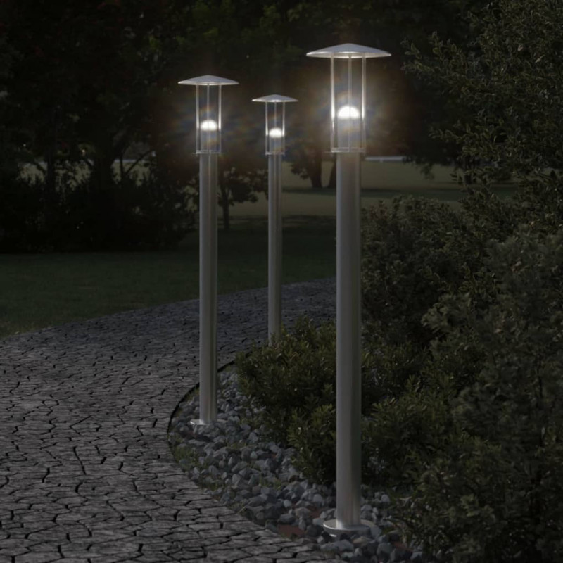 Lampy ogrodowe na słupku, 3 szt., srebrne, 100 cm, stal