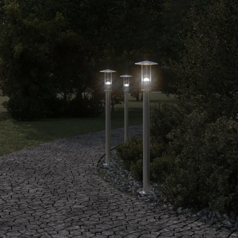 Lampy ogrodowe na słupku, 3 szt., srebrne, 100 cm, stal