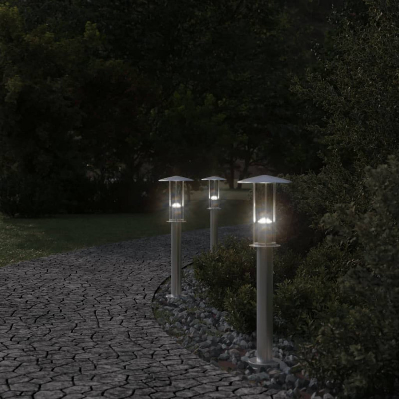 Lampy ogrodowe na słupku, 3 szt., srebrne, 60 cm, stal