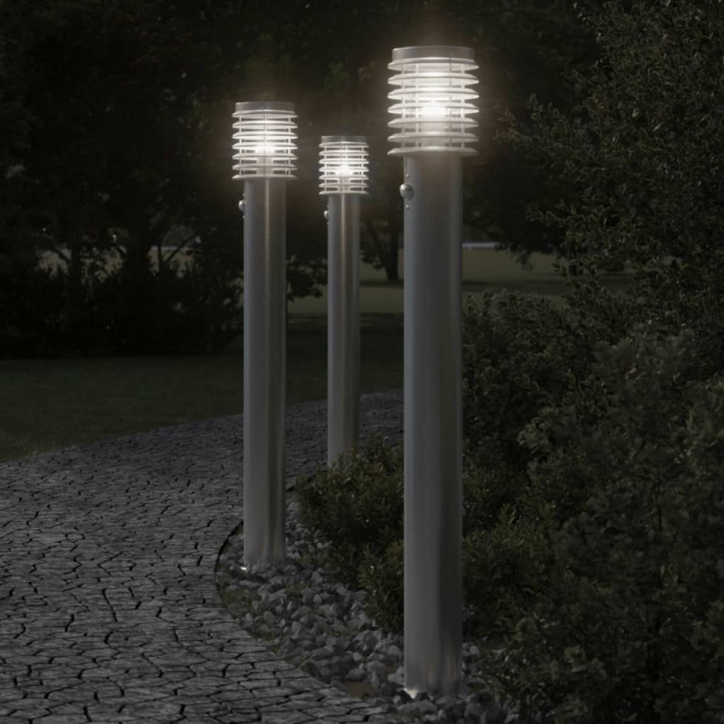 Lampa ogrodowa na słupku, z czujnikiem, srebrna, 110 cm, stal
