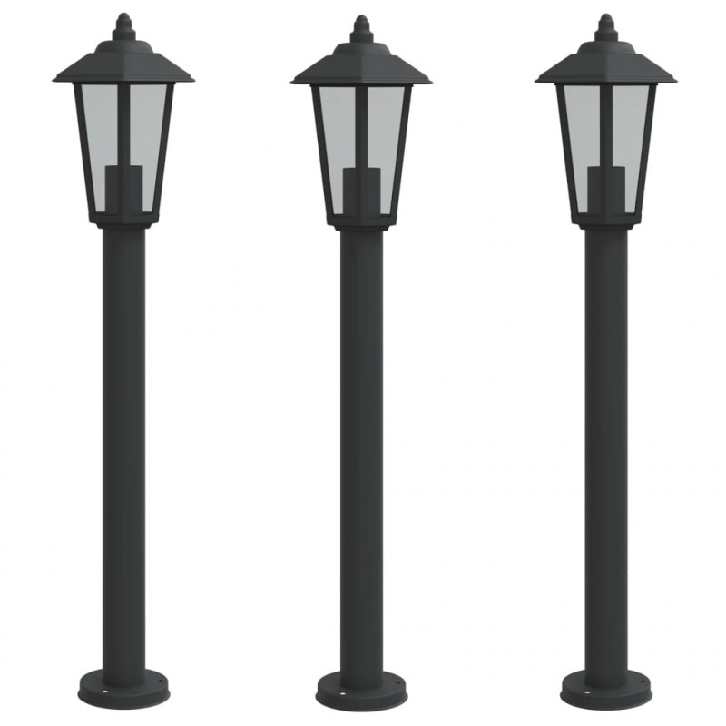 Lampy ogrodowe na słupku, 3 szt, czarne, 80 cm, stal nierdzewna