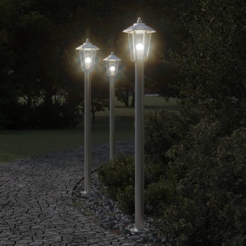 Lampy ogrodowe na słupku, 3 szt., srebrne, 120 cm, stal