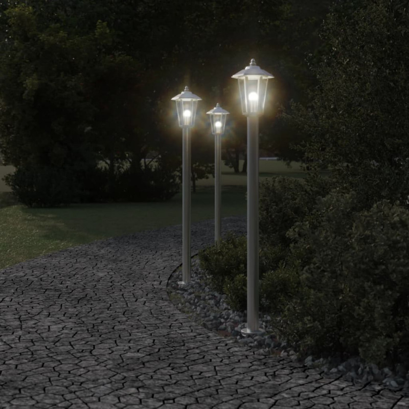 Lampy ogrodowe na słupku, 3 szt., srebrne, 120 cm, stal