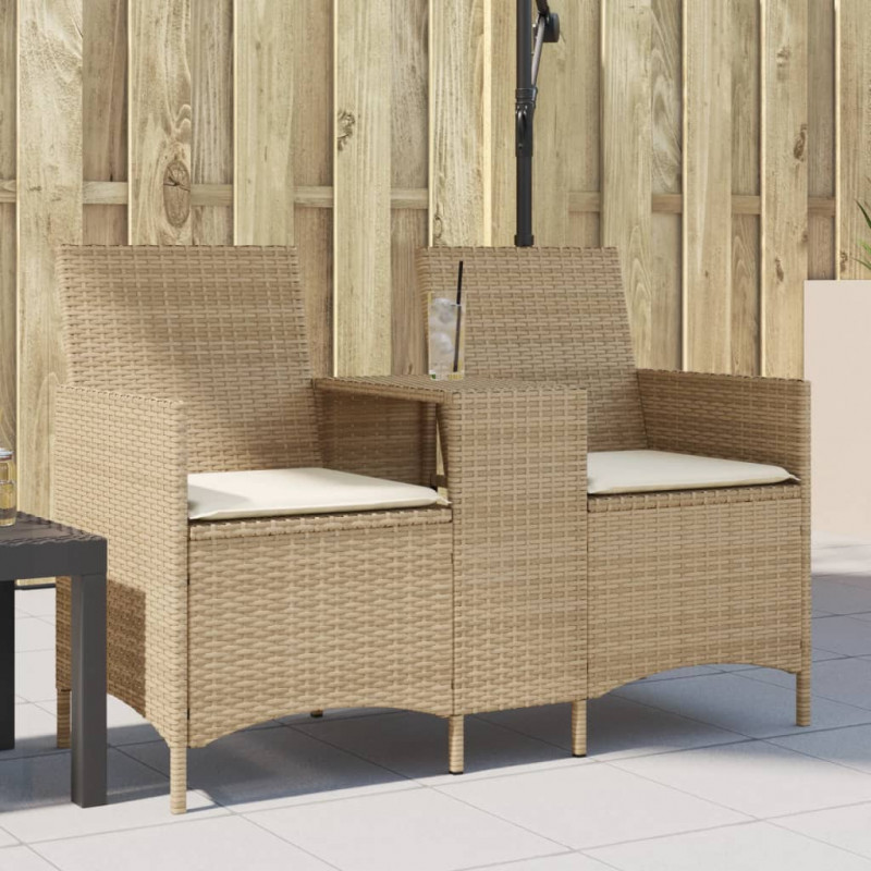 Ogrodowa sofa 2-os. ze stolikiem i poduszkami, beżowy rattan PE