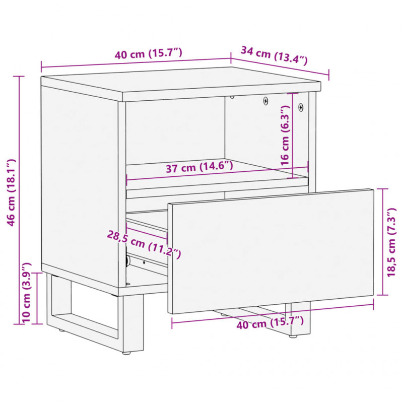 Szafka nocna, 40x34x46 cm, lite surowe drewno mango