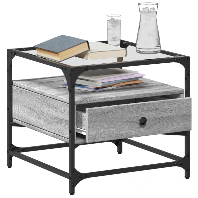 Stolik kawowy ze szklanym blatem, szary dąb sonoma 50x50x45 cm