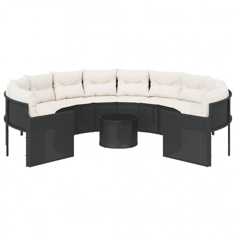 Sofa ogrodowa, stolik i poduszki, okrągła, czarny rattan PE