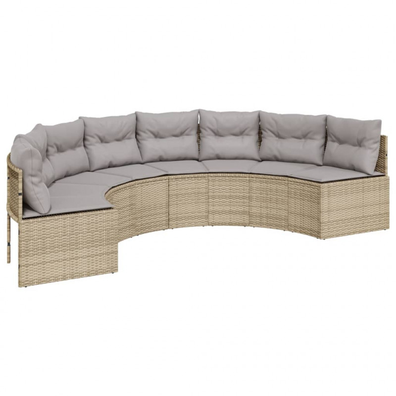 Sofa ogrodowa, stolik i poduszki, półokrągła, beżowy rattan PE