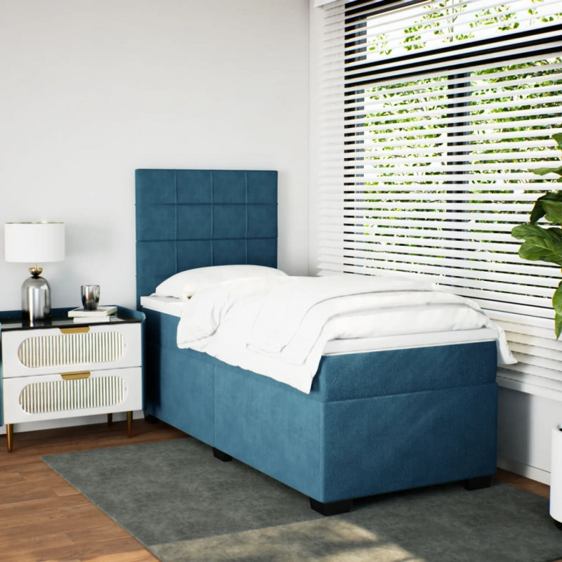 Łóżko kontynentalne z materacem, niebieskie, 100x200cm, aksamit