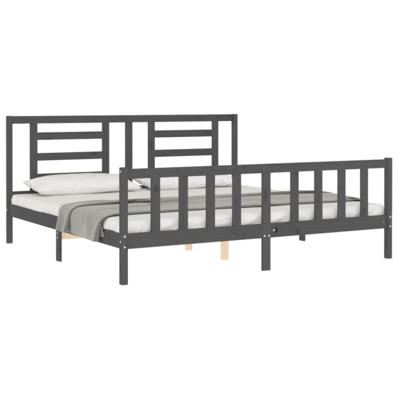 Rama łóżka z wezgłowiem, szara, 200x200 cm, lite drewno