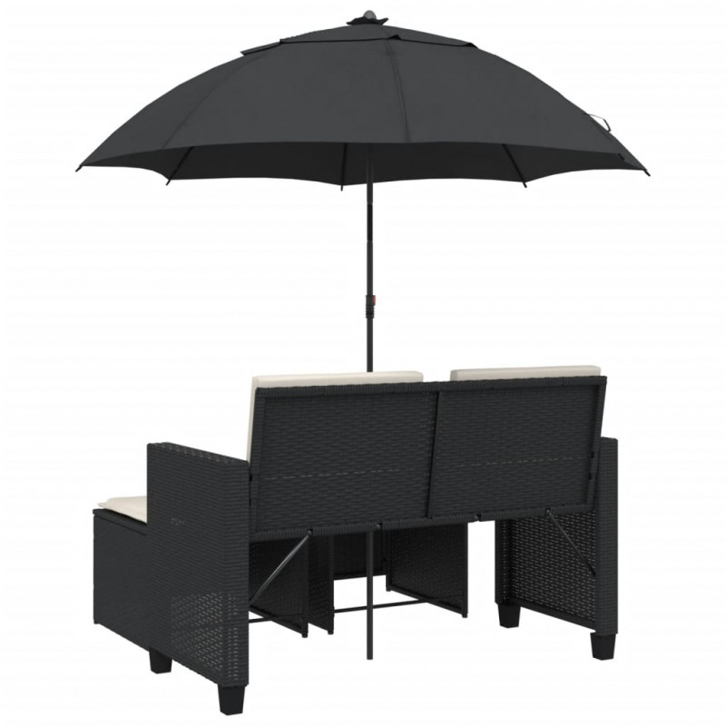 2-os. sofa ogrodowa z parasolem i stołkami, czarna, polirattan