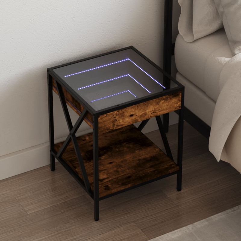 Stolik nocny z LED Infinity, przydymiony dąb, 40x40x49 cm