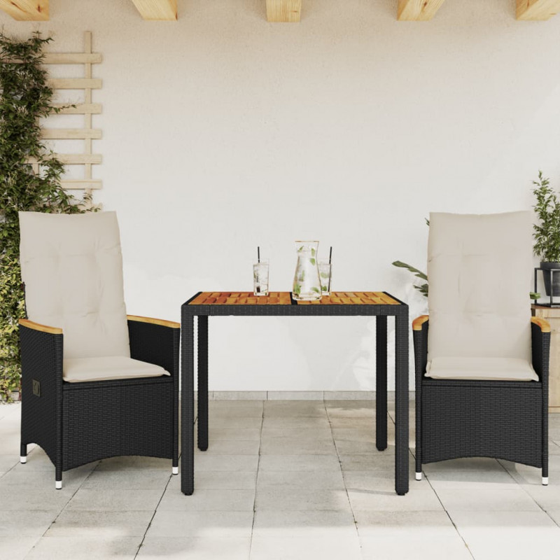 3-cz. zestaw mebli bistro z poduszkami, czarny, polirattan