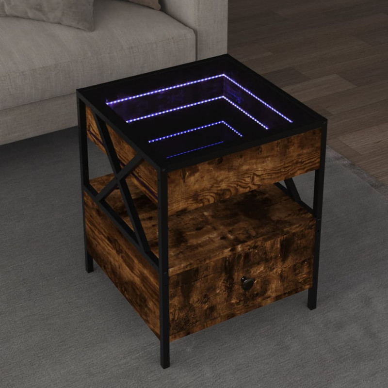 Stolik kawowy z LED Infinity, przydymiony dąb, 40x40x51 cm