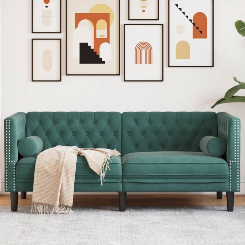 Sofa Chesterfield z wałkami, dwuosobowa, ciemnozielona, aksamit