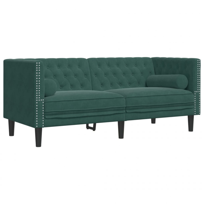 Sofa Chesterfield z wałkami, dwuosobowa, ciemnozielona, aksamit
