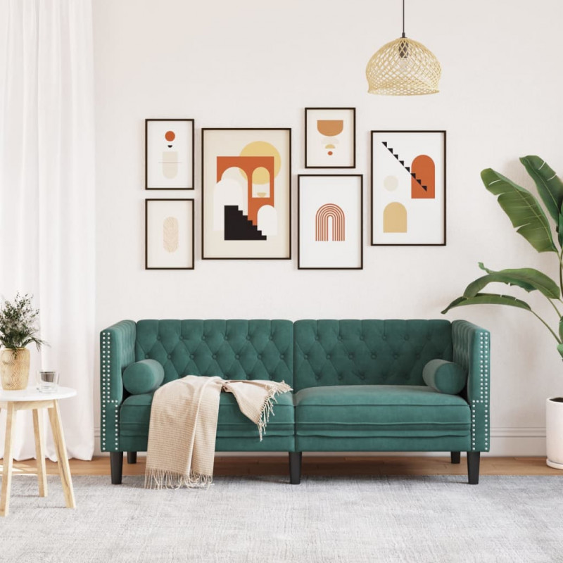 Sofa Chesterfield z wałkami, dwuosobowa, ciemnozielona, aksamit