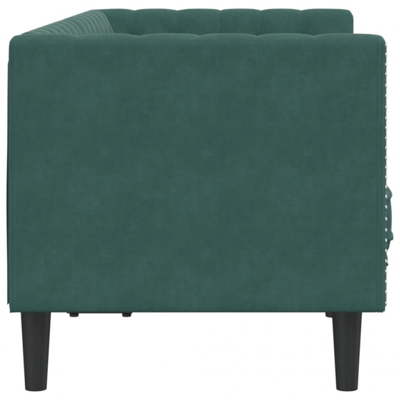 Sofa Chesterfield z wałkami, dwuosobowa, ciemnozielona, aksamit