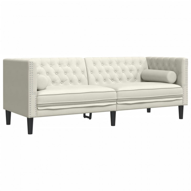 Sofa Chesterfield z wałkami, trzyosobowa, kremowa, aksamit
