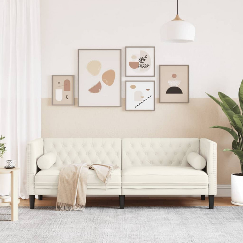 Sofa Chesterfield z wałkami, trzyosobowa, kremowa, aksamit