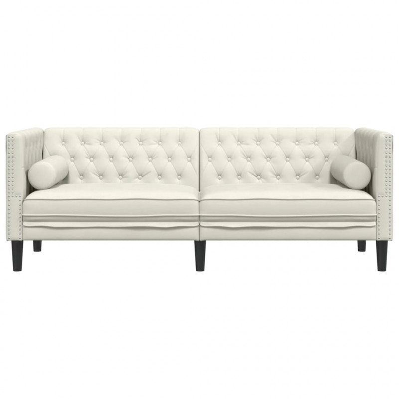 Sofa Chesterfield z wałkami, trzyosobowa, kremowa, aksamit