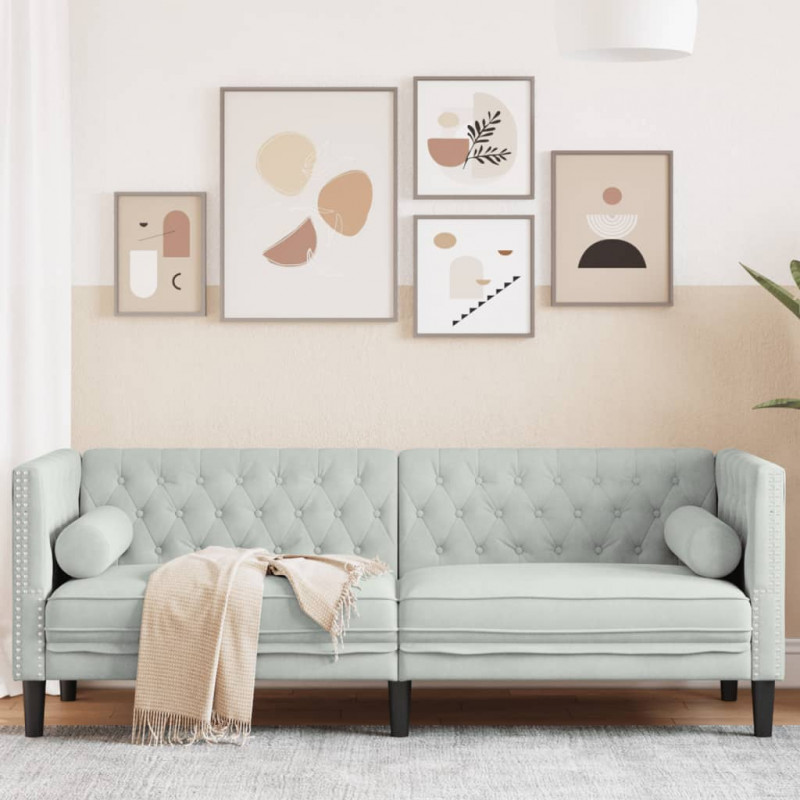 Sofa Chesterfield z wałkami, trzyosobowa, jasnoszara, aksamit