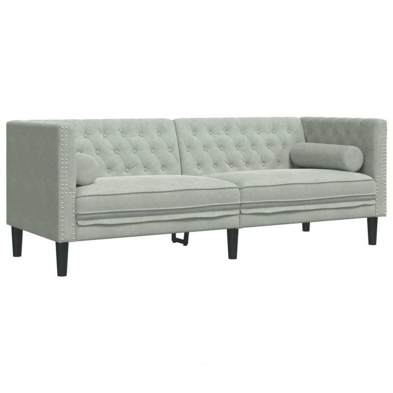 Sofa Chesterfield z wałkami, trzyosobowa, jasnoszara, aksamit