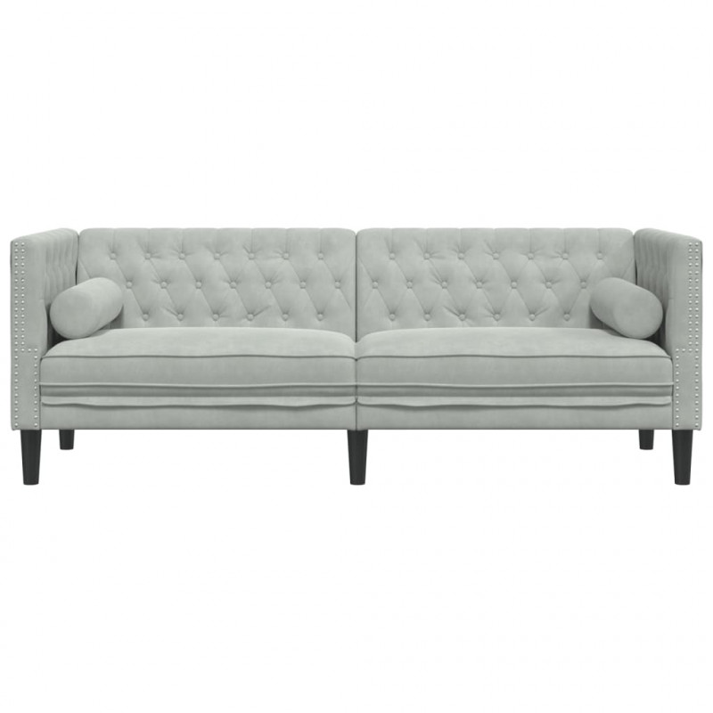 Sofa Chesterfield z wałkami, trzyosobowa, jasnoszara, aksamit