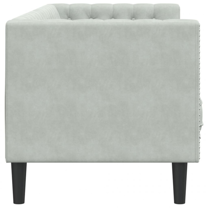 Sofa Chesterfield z wałkami, trzyosobowa, jasnoszara, aksamit
