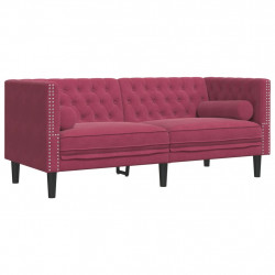 Sofa Chesterfield z wałkami, dwuosobowa, bordowa, aksamit